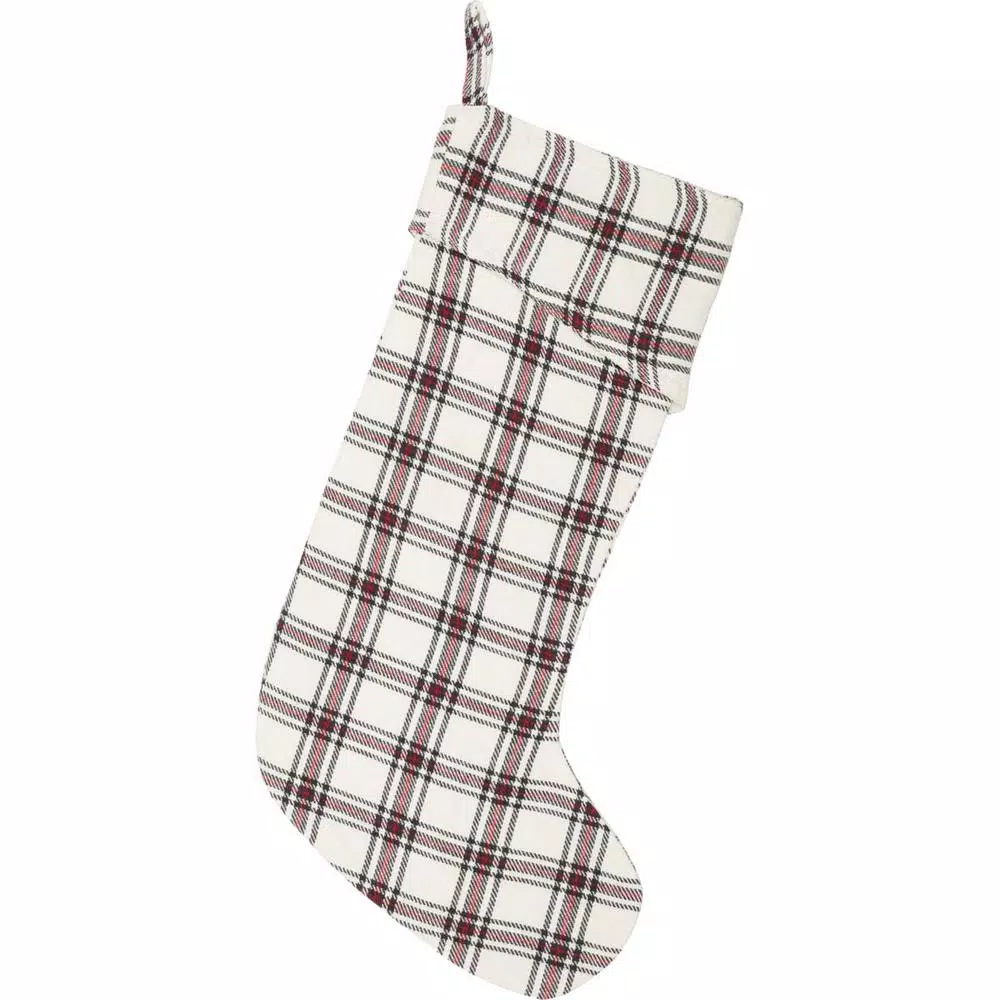 VHC Brands 20 in. 100% Cotton Amory Ivory White Farmhouse Christmas Decor Plaid Stocking