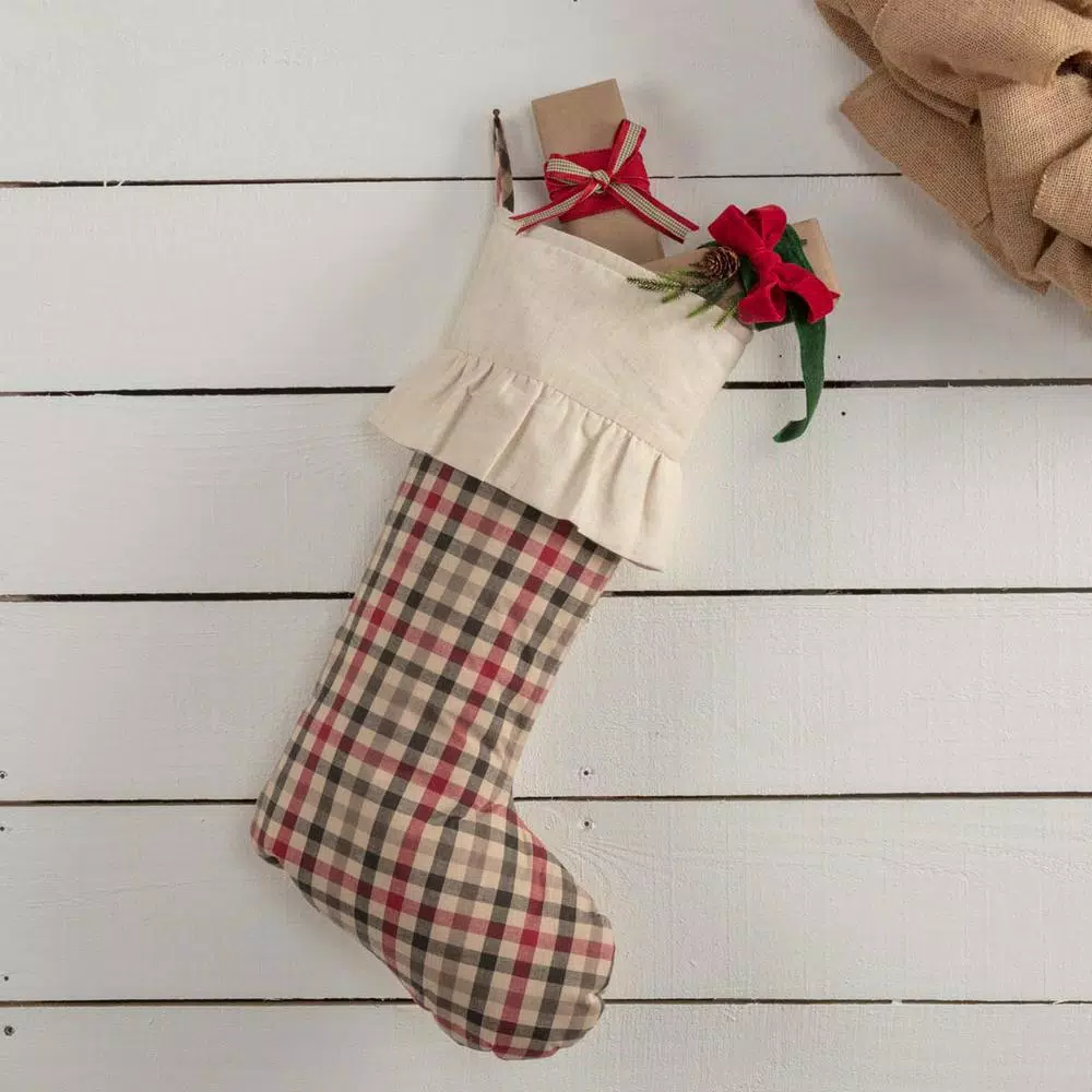 VHC Brands 20 in. Hollis Ivory White Farmhouse Christmas Decor Plaid Stocking