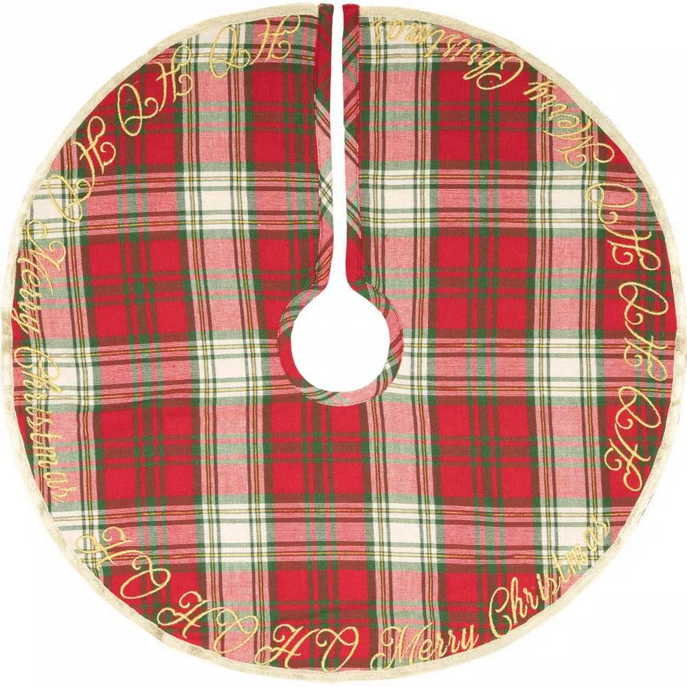 VHC Brands 21 in. HO Holiday Cherry Red Farmhouse Christmas Decor Mini Tree Skirt