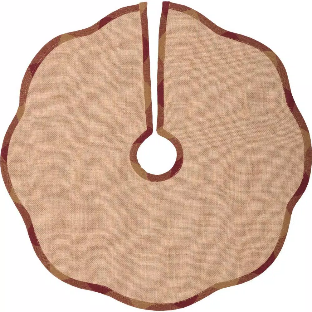 VHC Brands 21 in. Burgundy Check Red Primitive Christmas Decor Scalloped Tree Skirt