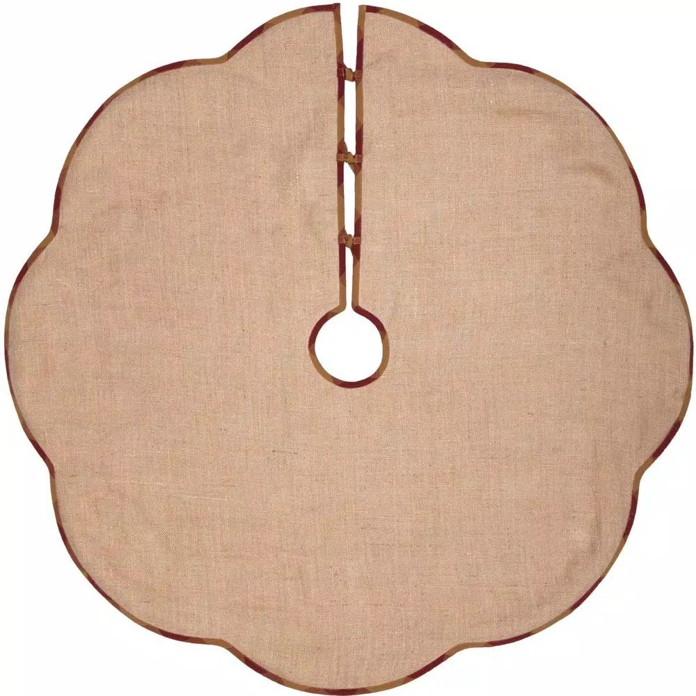 VHC Brands 48 in. Burgundy Check Red Primitive Christmas Decor Scalloped Tree Skirt