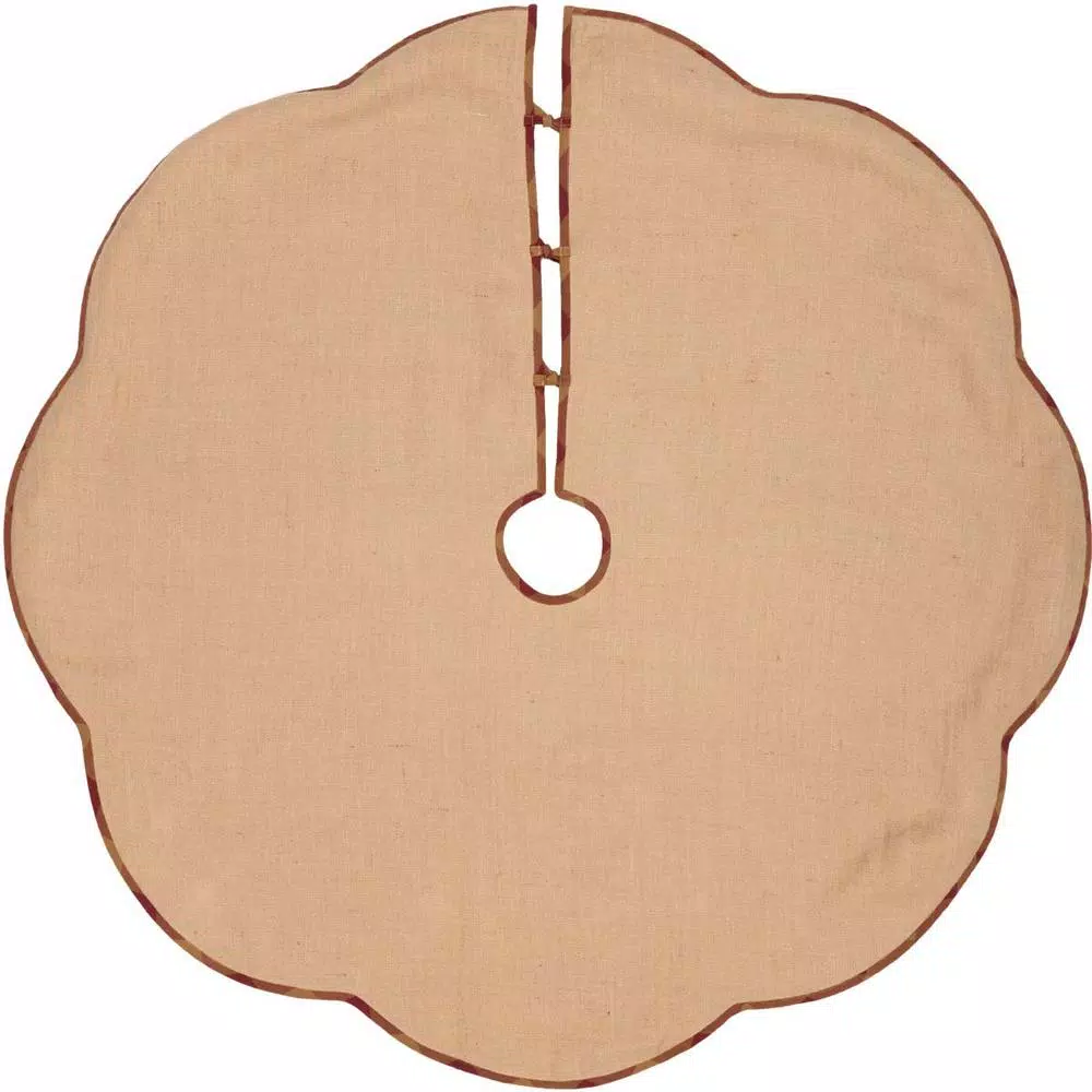 VHC Brands 55 in. Burgundy Check Red Primitive Christmas Decor Scalloped Tree Skirt