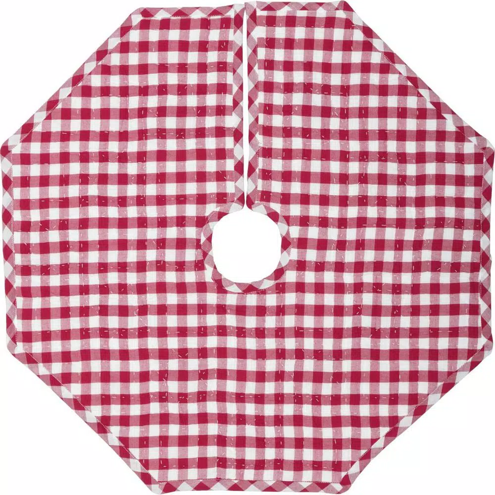 VHC Brands 21 in. Red Emmie Farmhouse Christmas Decor Patchwork Tree Skirt
