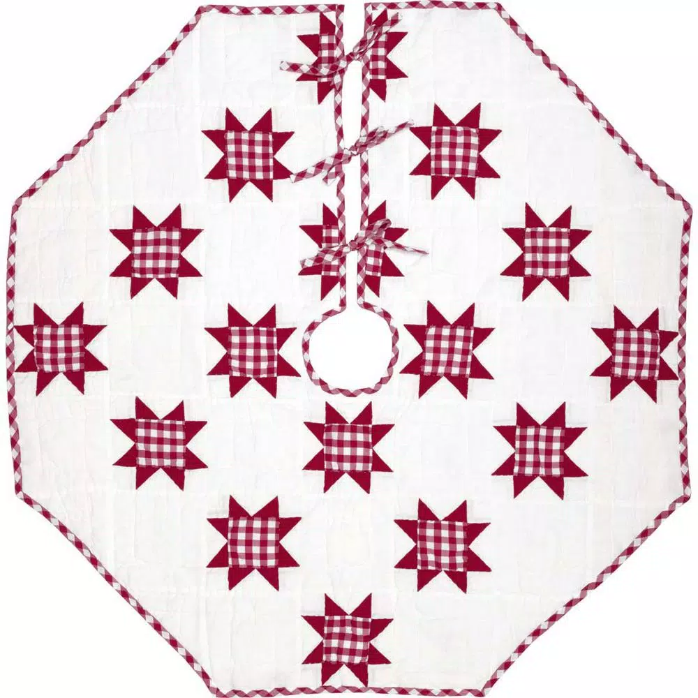 VHC Brands 48 in. Red Emmie Farmhouse Christmas Decor Patchwork Tree Skirt