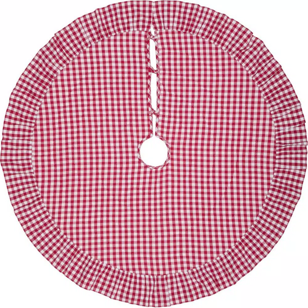 VHC Brands 48 in. Red Emmie Farmhouse Christmas Decor Ruffled Tree Skirt