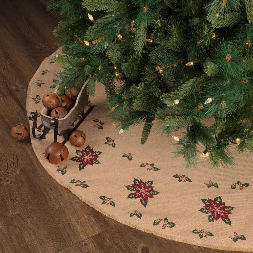 VHC Brands 55 in. Jute Burlap Poinsettia Natural Tan Holiday Decor Tree Skirt
