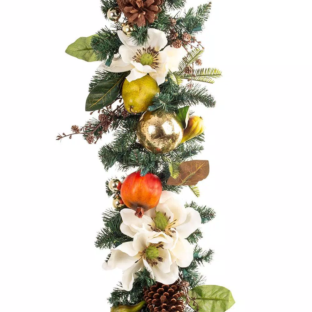 Village Lighting Company 9 ft. Pre-Lit LED Magnolia Orchard Garland
