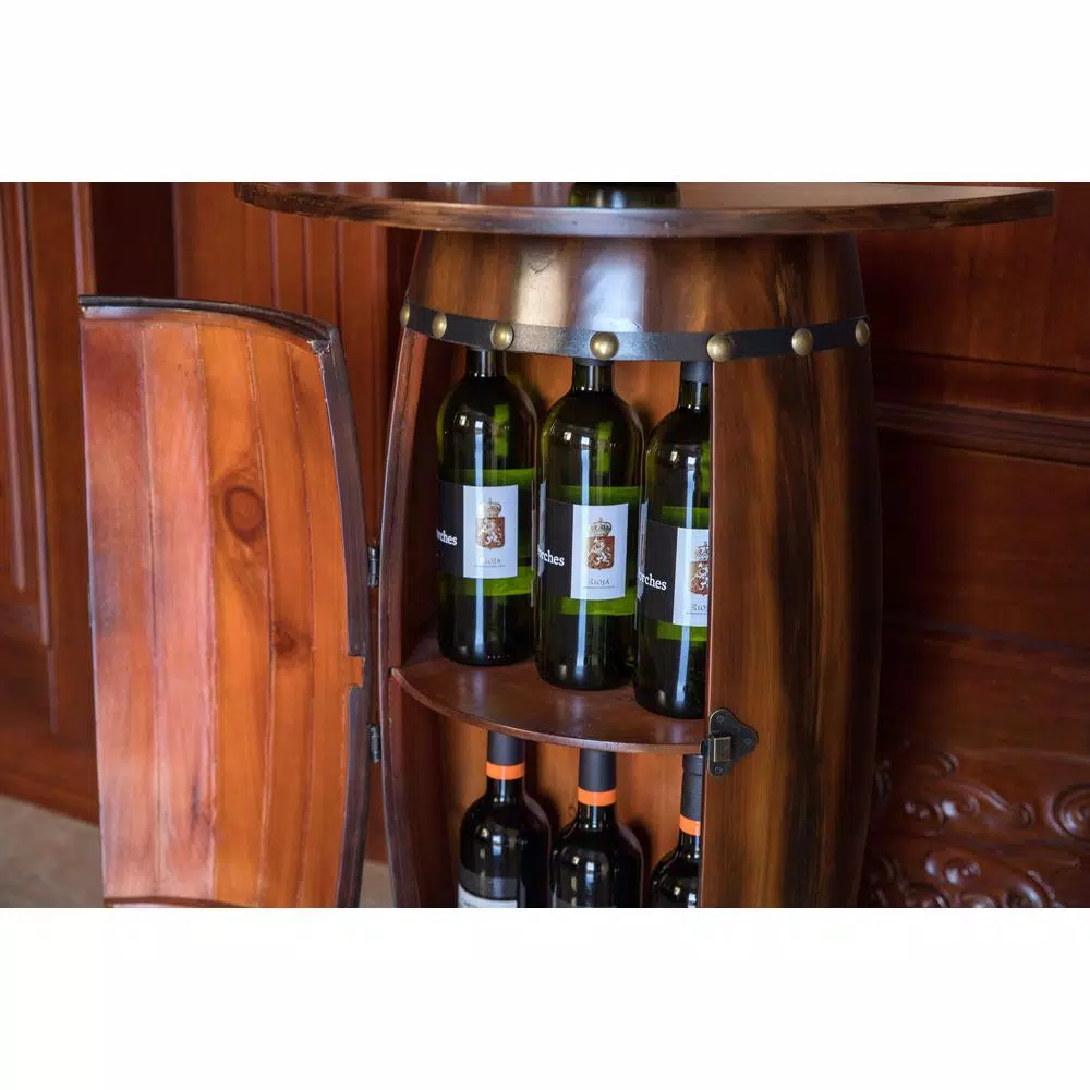 Vintiquewise Rustic Lockable Barrel Shaped Wine Bar Cabinet Wooden End Table