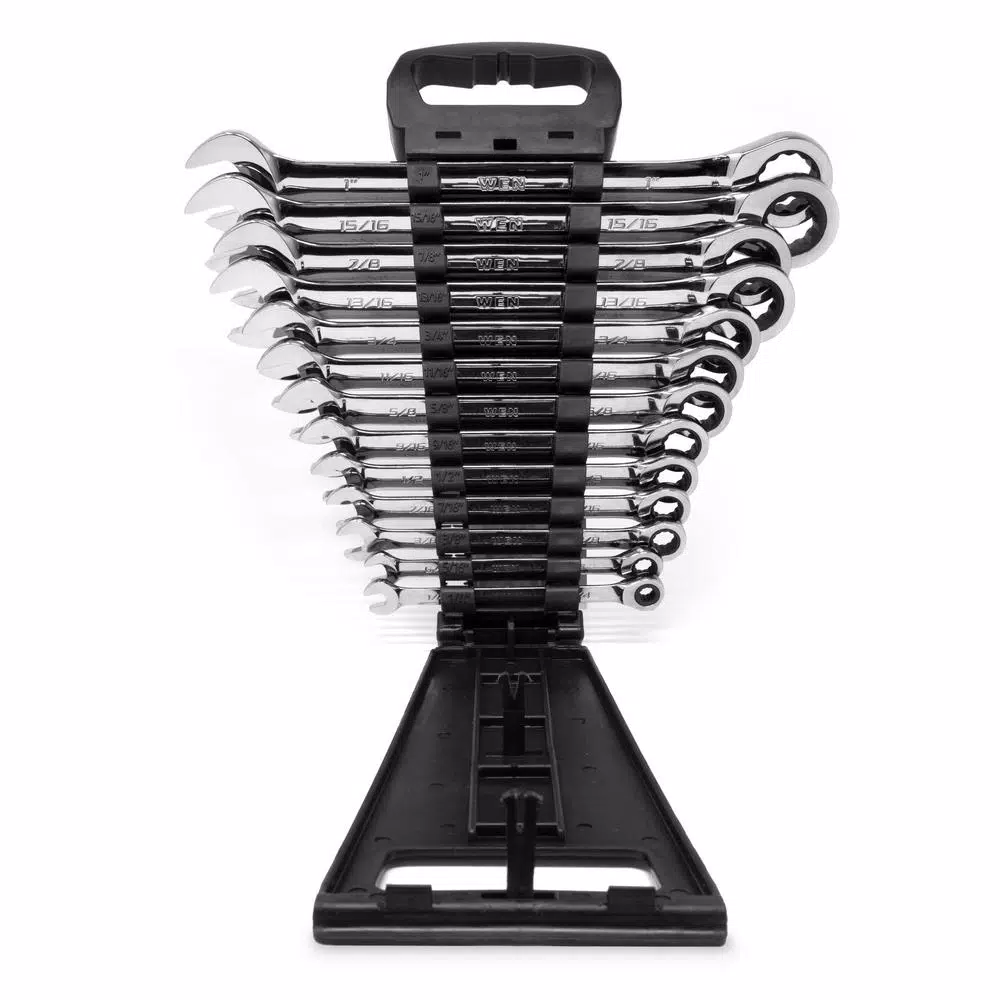 WEN Professional-Grade Ratcheting SAE Combination Wrench Set with Storage Rack (13-Piece)