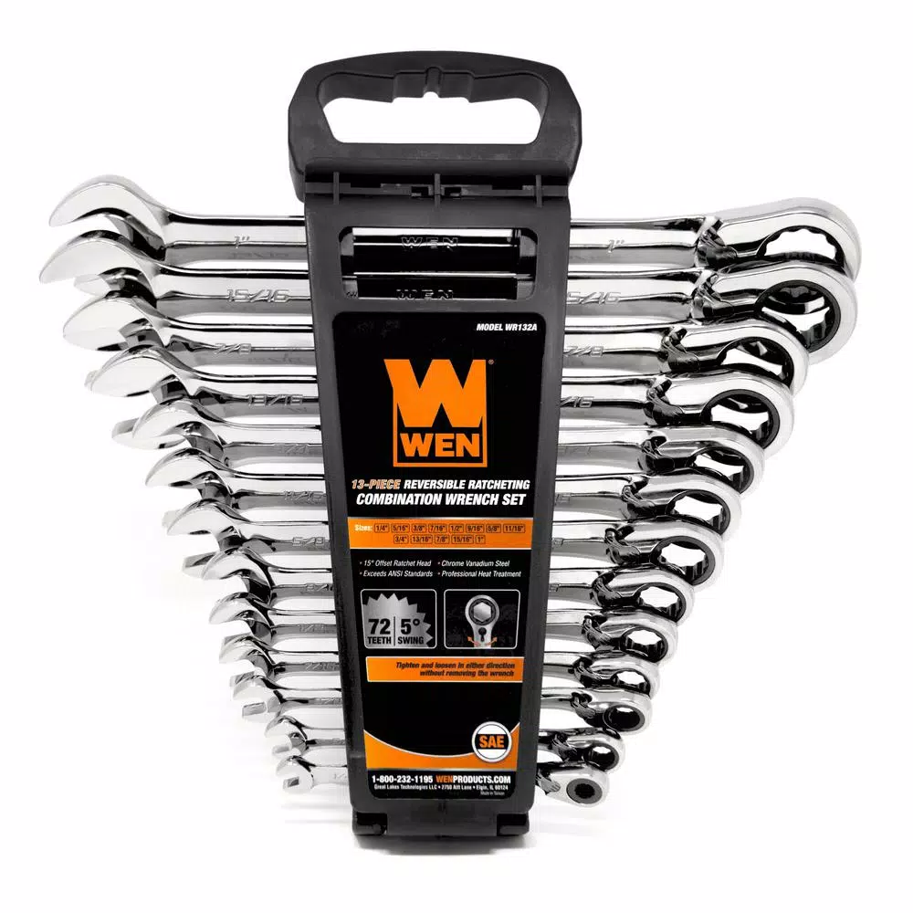 WEN Professional-Grade Reversible Ratcheting SAE Combination Wrench Set with Storage Rack (13-Piece)
