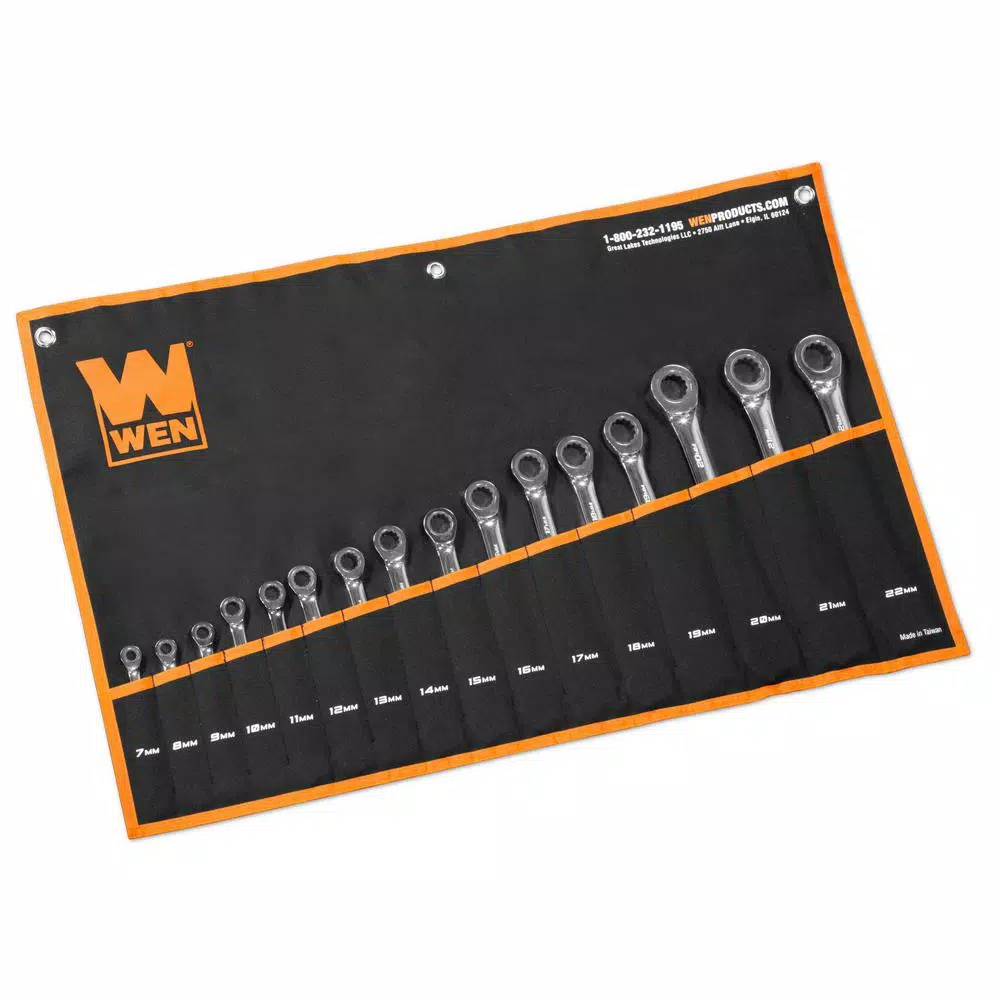 WEN Professional-Grade Ratcheting Metric Combination Wrench Set with Storage Pouch (16-Piece)