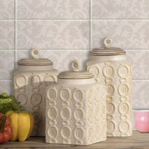 Benjara Dreanna 3-Piece White Ceramic Canisters
