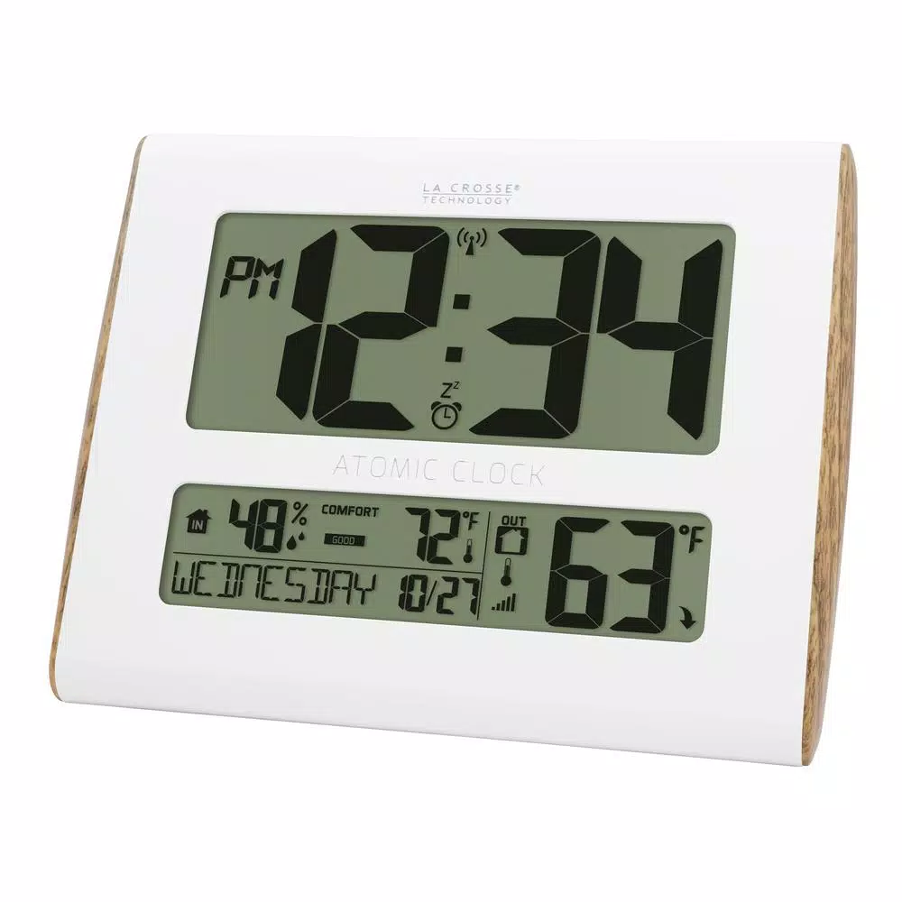 La Crosse Technology Digital Atomic Faux Wood Sided Wall Clock with Temperature and Indoor Humidity