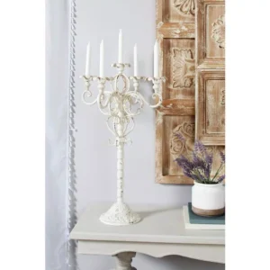 LITTON LANE Tall Vintage White Metal Candelabra with Scrolled Arms