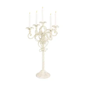 LITTON LANE Tall Vintage White Metal Candelabra with Scrolled Arms