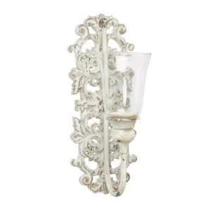 LITTON LANE Distressed White Acanthus Candle Sconce