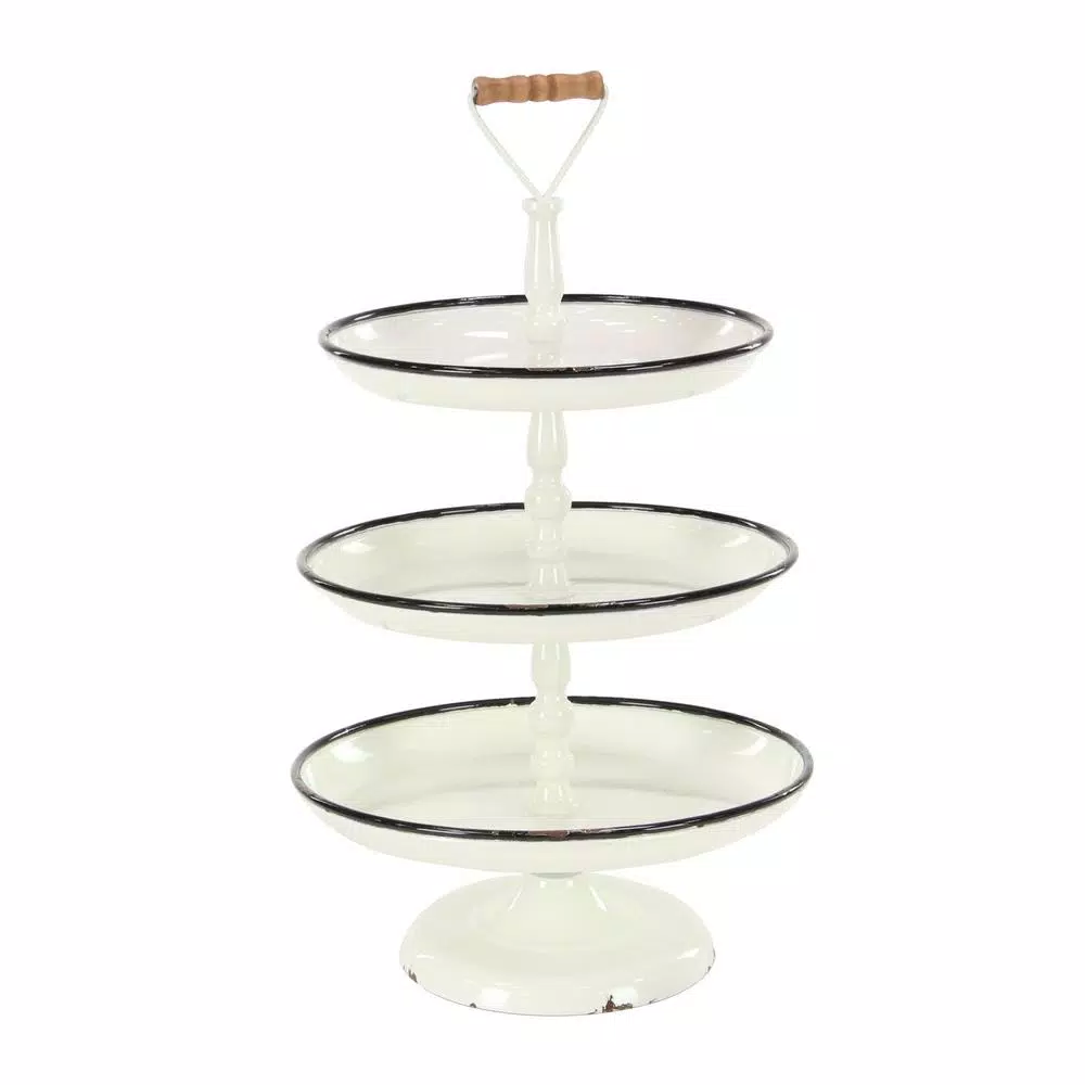 LITTON LANE Distressed White Decorative 3-Tier Tray with Black and Brown Accents