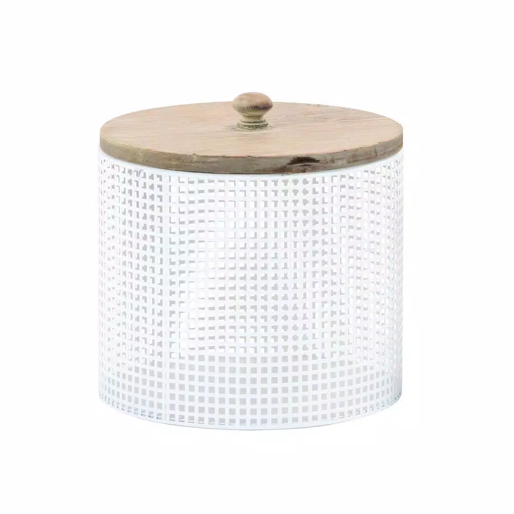 LITTON LANE White Iron Mesh Round Canisters with Wooden Lid (Set of 2)
