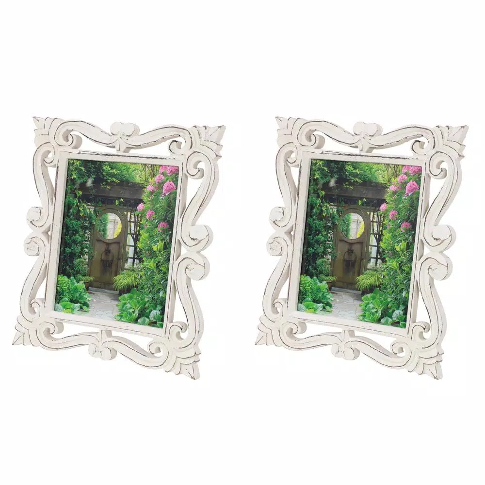 LITTON LANE 8 in. x 10 in. Rectangular Hand-Carved Antique Picture Frame with Whitewash Wood Finish
