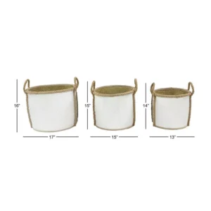 LITTON LANE Round Palm Leaf and Rope Storage Wicker Baskets with Handles (Set of 3)