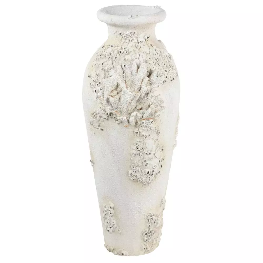 LITTON LANE Textural Tall White Large Floor Decorative Vase with Coral Nautical Decor