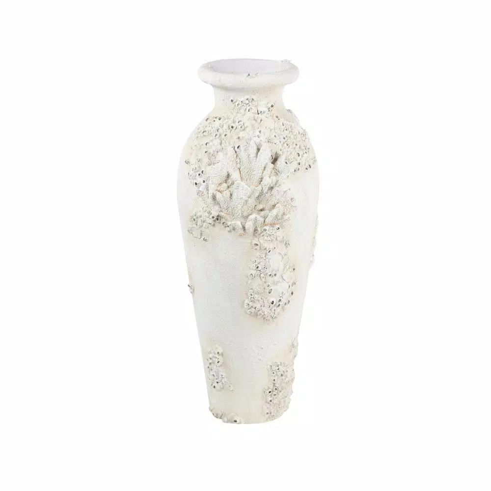 LITTON LANE Textural Tall White Large Floor Decorative Vase with Coral Nautical Decor