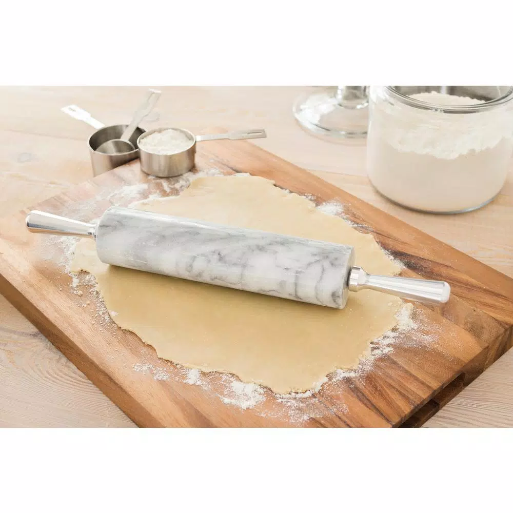 Fox Run White Marble Rolling Pin and Base with Aluminum Handles