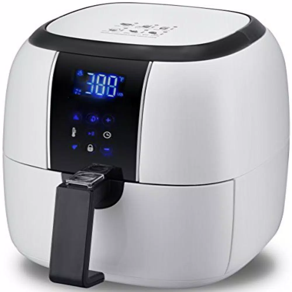 Ovente 3.2 Qt. White Air Fryer Grill Pan and Non-Stick Frying Basket Auto Shut-Off 6 Cooking Presets Touch Sensor