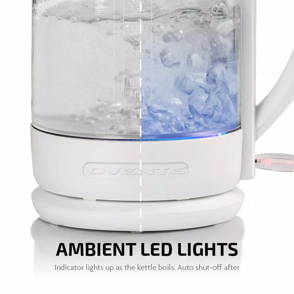 Ovente 6.3-Cup White Glass Electric Kettle with ProntoFill Technology - Fill Up with the Lid On