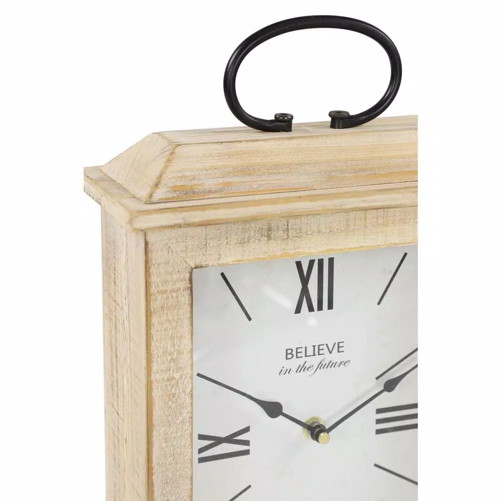 LITTON LANE Farmhouse Rectangular Whitewashed Beige Wooden Table Clock